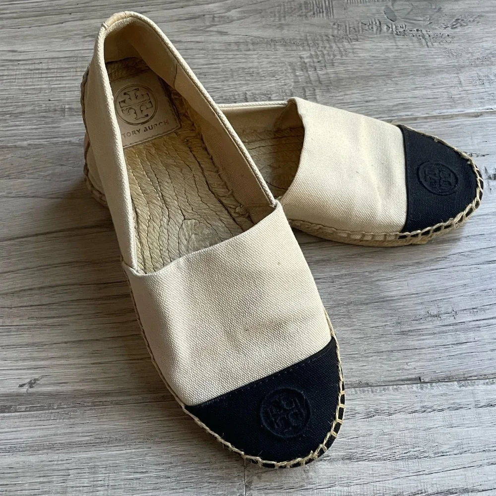 Tory Burch Canvas Espadrille Cream/Black/Tan Slip On Classic Quiet Luxury SZ 7.5